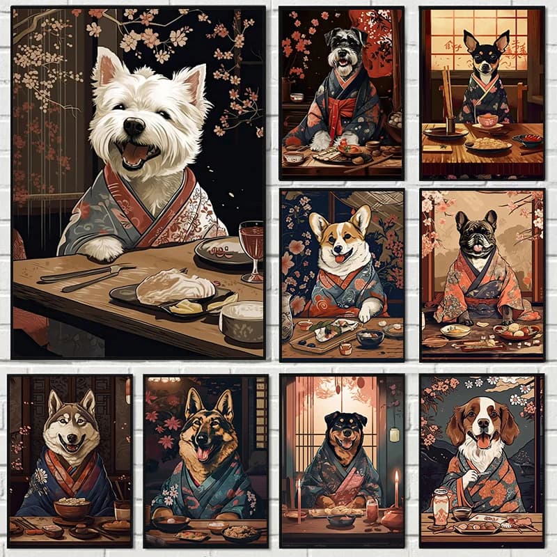 Retro stile giapponese cane che mangia cibo giapponese poster stampe su tela pittura animale immagine di arte della parete cucina sala da pranzo decorazioni per la casa
