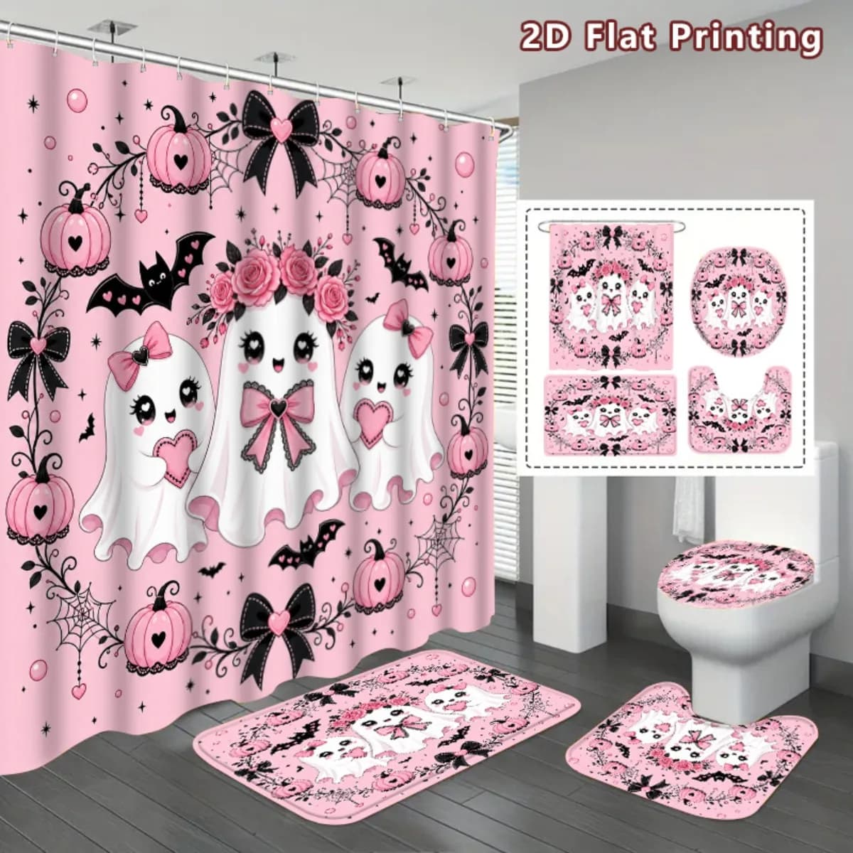 Halloween Shower Curtain Pinkoween Gothic Curtain Black Cat Quick-dry Durable Waterproof Bath Curtain, 12 Hooks, 3pcs Floor Mat