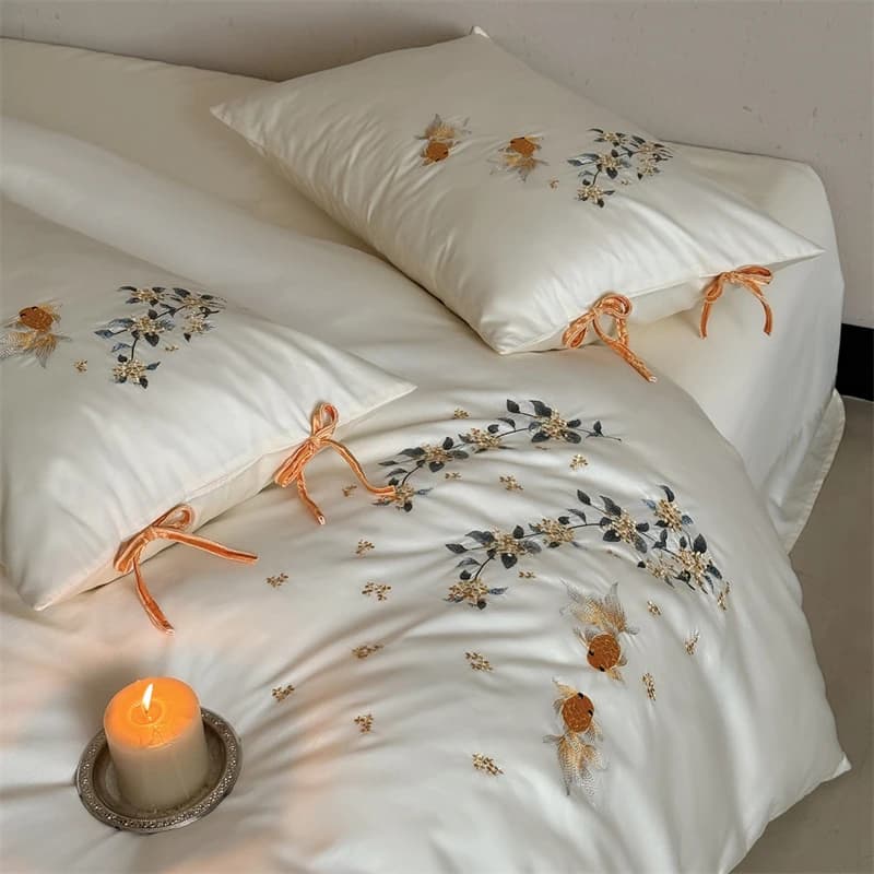1000TC Egyptian cotton flowers Red fish Embroidery Lace-Up Luxury bedding set Cover flat/with corners Loyalty 4 pieces