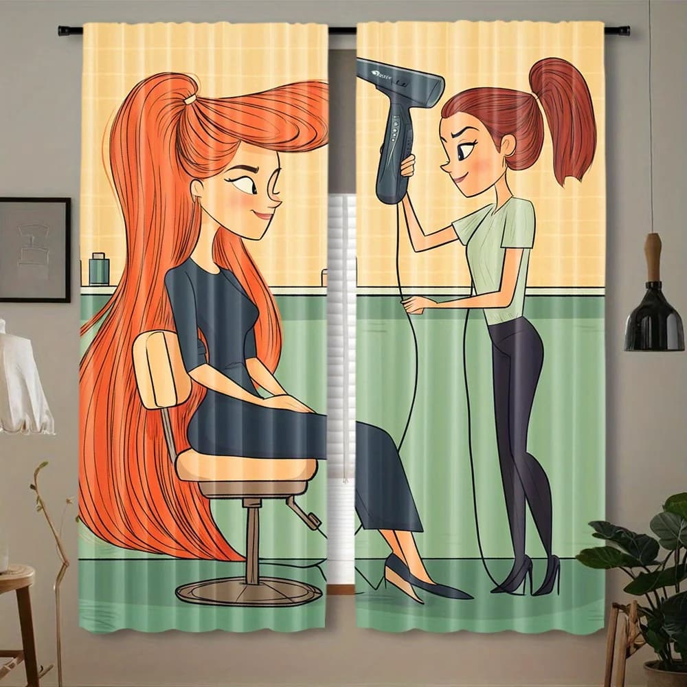 Funny Salon Hairdresser Window Curtain Cartoon Art Decor for Bathroom Bedroom Styling Theme Print Pop Culture Background Drapery