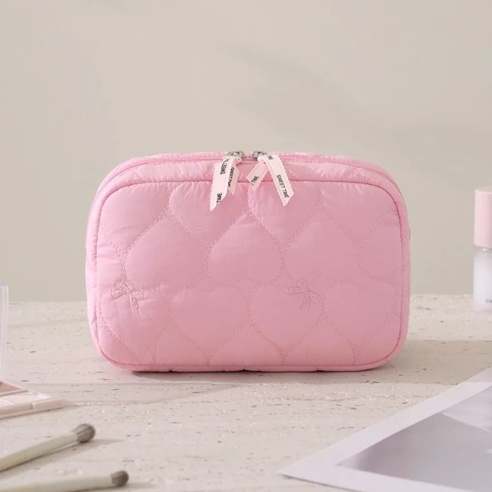 Fashion Quilted Makeup Bag Heart Bow Lightweight Travel Toiletry Handbag Large Capacity Lipstick Cosmetic Pouch for Women