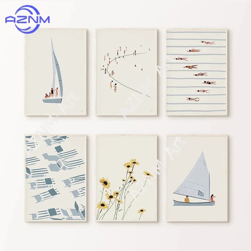 Sailboat Swimming Pool Ocean Floral Minimalist Wall Art Canvas Painting Posters and Prints Wall Pictures for Living Room Deco