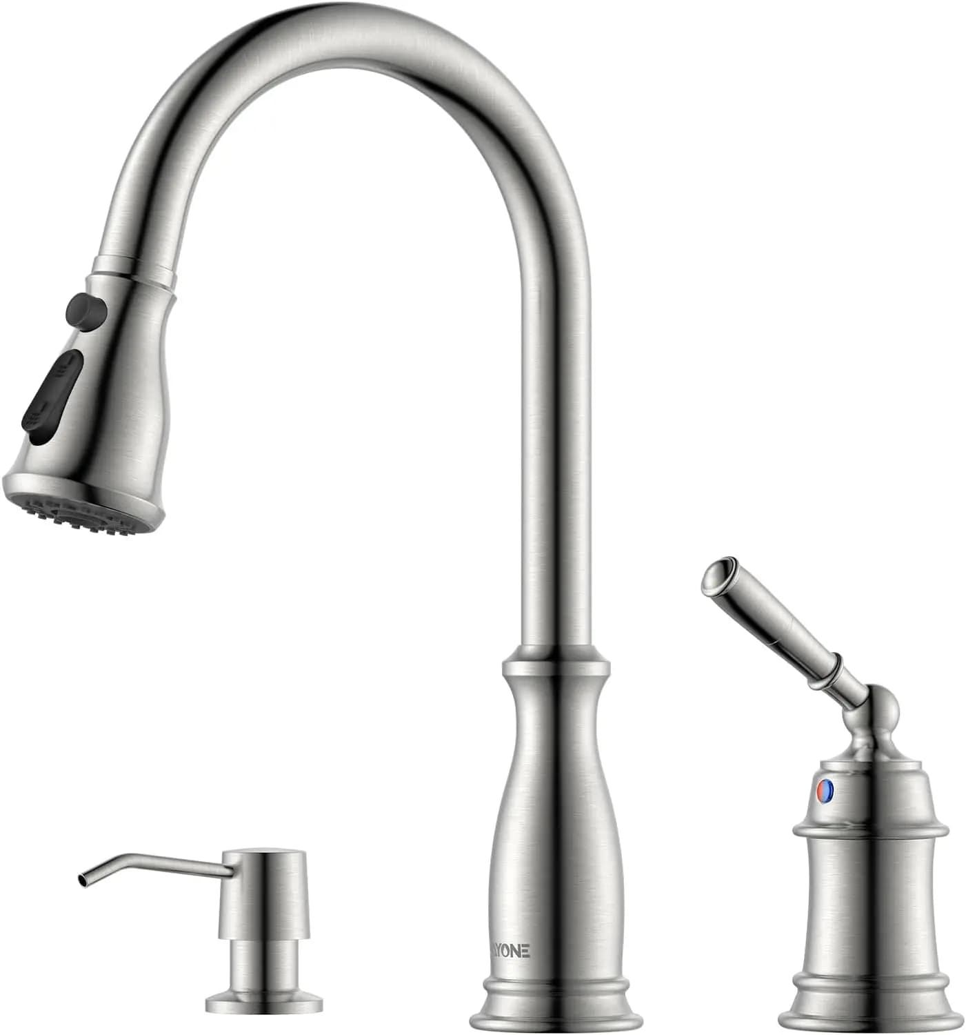 Rubinetto da cucina a 3 fori con spruzzatore estraibile e dispenser di sapone, nichel spazzolato, manico singolo ad arco alto - DAYONE DAY-279BN