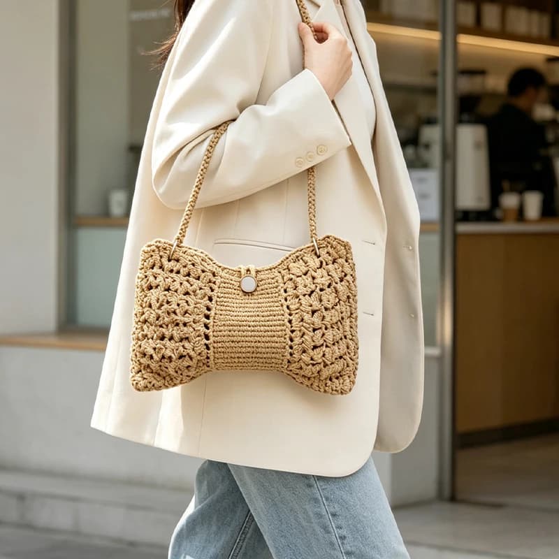 Bow-Shaped Hollow-Out Women's Shoulder Bag, Handbag, Crochet Bag DIY Material Pack, Crochet Kit Material Pack, Only the Making Kit Is Sold, Not the Finished Product Comes with Yarn, Crochet Hook, and a Complete Illustrated Tutorial, Beginner-Friendly, Suitable for DIY Enthusiasts to Make Their Own Crafts.