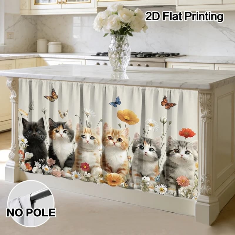 VIKAMA Tende per Armadietti da Cucina con Motivo Gatti e Fiori Primaverili, Antipolvere, Senza Foratura, con Velcro, in Poliestere, per Decorazione di Credenze e Guardaroba