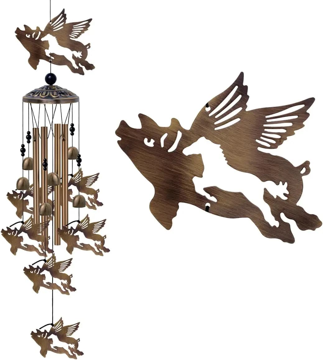 37" Flying Pigs Wind Chimes Outdoor Decor - with 6 Bells 7 Pigs Wind Chimes, Mobile Romantic Fly Pigs Wind Catcher, Bronze P