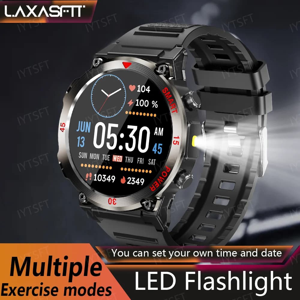 LAXASFIT New Smart Watch Open Air Sport for Men LED Flashlight Bluetooth Call Voice Assistant Health Monitor Smartwatch
