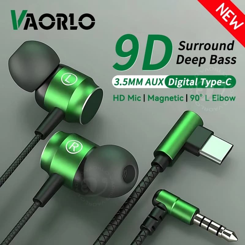 Auricolari da gioco per bassi pesanti 9D HIFI 3,5 mm AUX/Type-C 90 ° Auricolari musicali magnetici in metallo a gomito a L con cuffie intrauricolari con microfono per Android