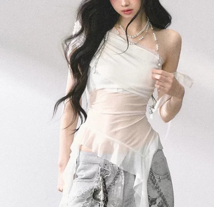 Spicy Girl Retro See-through Asymmetrical Strap Top Pure Desire Slimming Short Sleeve Micro-translucent Spicy T-shirt Women S...