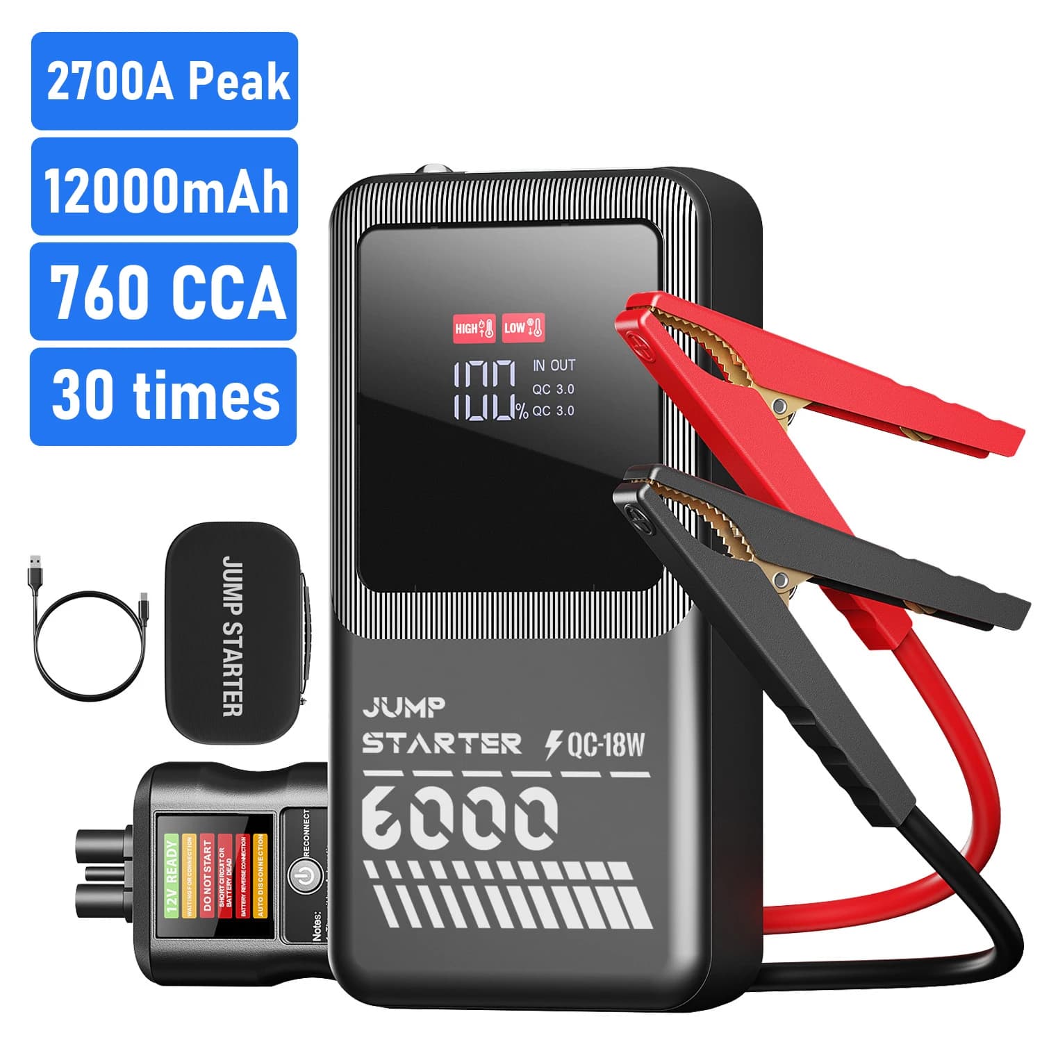 Avviatore di Emergenza Ultra Portatile 2700A per Auto, 12000mAh 12V, Batteria agli Ioni di Litio, Morsetti Intelligenti, 30 Avvii, Luce LED, Antiscintilla