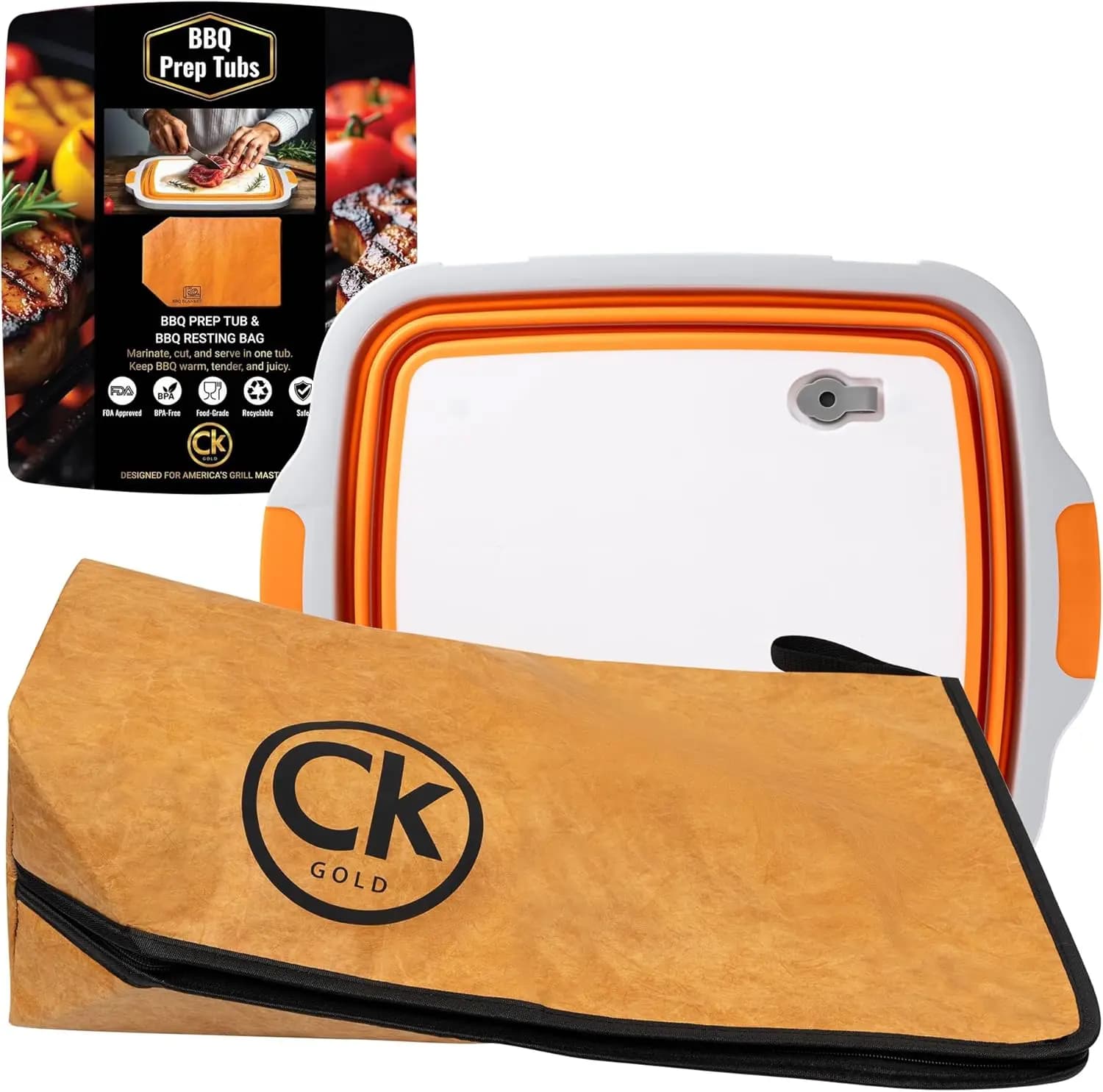Nuova Vasca Pieghevole Extra Large per Preparazione BBQ con Coperchio Bloccabile e Sacchetto per Riposizionamento Carne - Tagliere Senza BPA con Coperchio, Anti-perdita