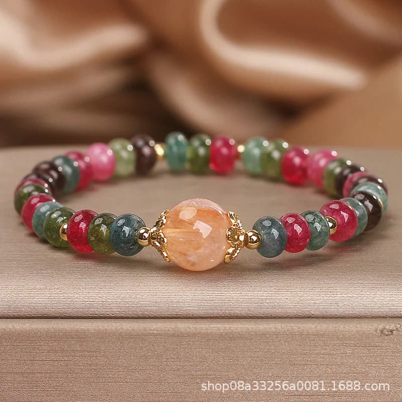 Abaco con tormalina colorata naturale per donna, lusso leggero, squisito fiore di gomma rossa, braccialetto con perline di fortuna, regalo