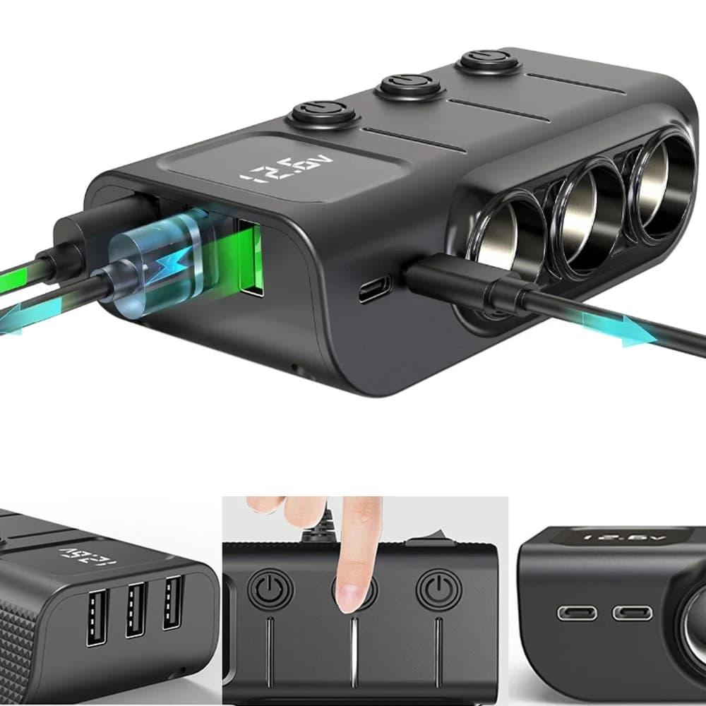 Splitter per presa accendisigari Splitter di potenza 3 in 1 Adattatore di ricarica rapida USB PD da 120 W con display di tensione a LED per auto