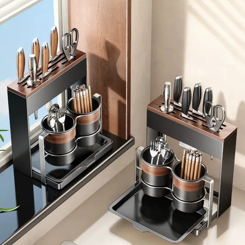 Portacoltelli in Legno di Noce per Piano di Lavoro, Organizzatore per Coltelli in Legno Massello con Porta Bacchette e Vassoio di Drenaggio per Casa
