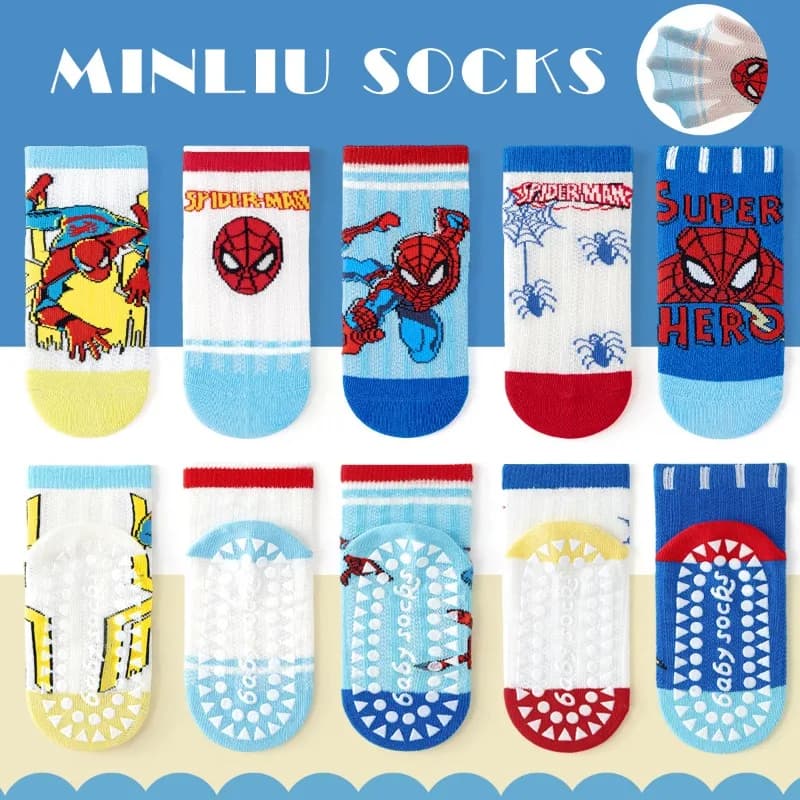 5Pairs Cute Cartoon Spiderman Kids Non-Slip Socks Baby Boys Girls Floor Socks Comfortable Breathable Thin for Children Gifts
