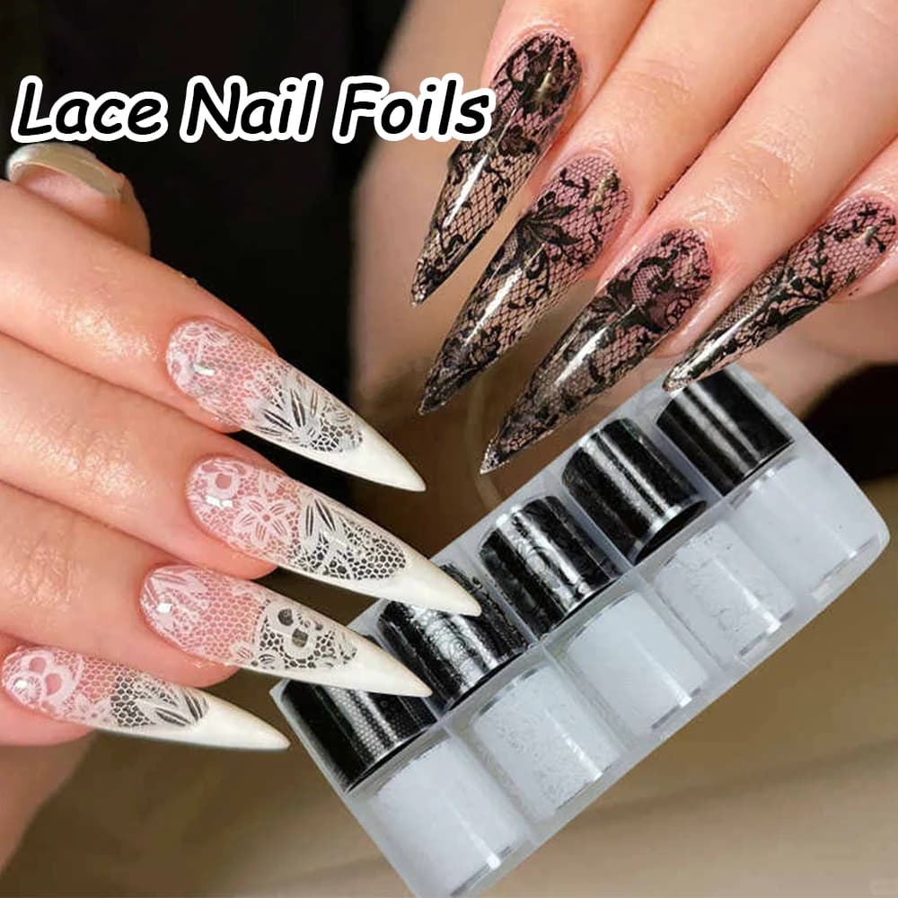 10 rolls 2.5*50 cm sexy lace lamina for nails black white transfer paper stickers for nail art strip lace manicure decals nail decorations
