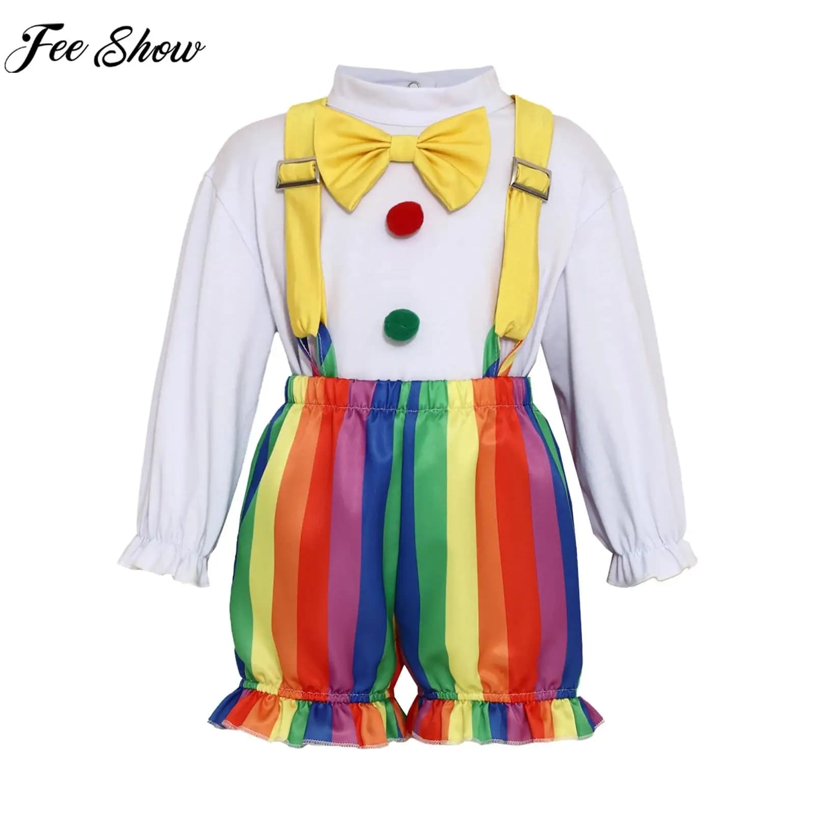 infant Boys Girls Circus Clown Cosplay Costume Long Sleeve Bow Tie Romper with Suspenders Shorts for Halloween Carnival Party