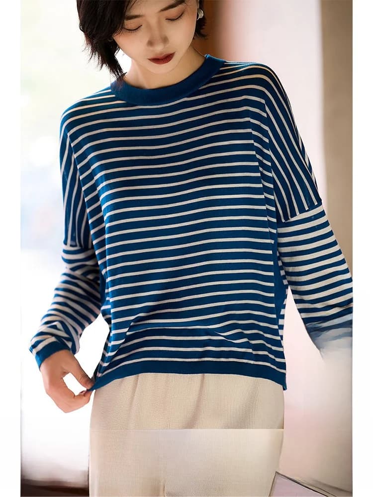 Maglione da donna a righe, morbido, a taglio dritto, a maniche lunghe, girocollo, in lana Yangzhou 20S a 6 aghi, per la primavera