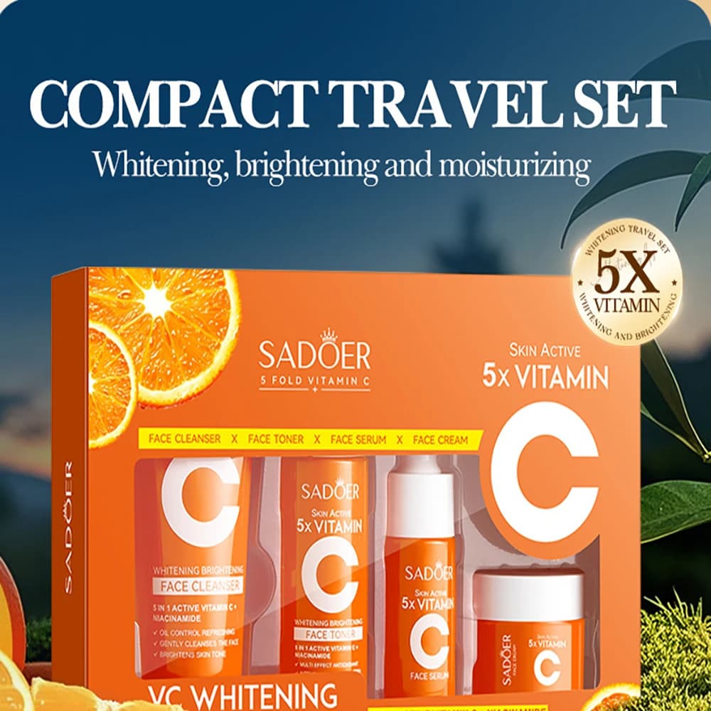 Set da Viaggio per la Cura della Pelle con Vitamina C - Detergente, Tonico, Siero e Crema Viso, Prodotti per la Cura della Pelle Portatili.