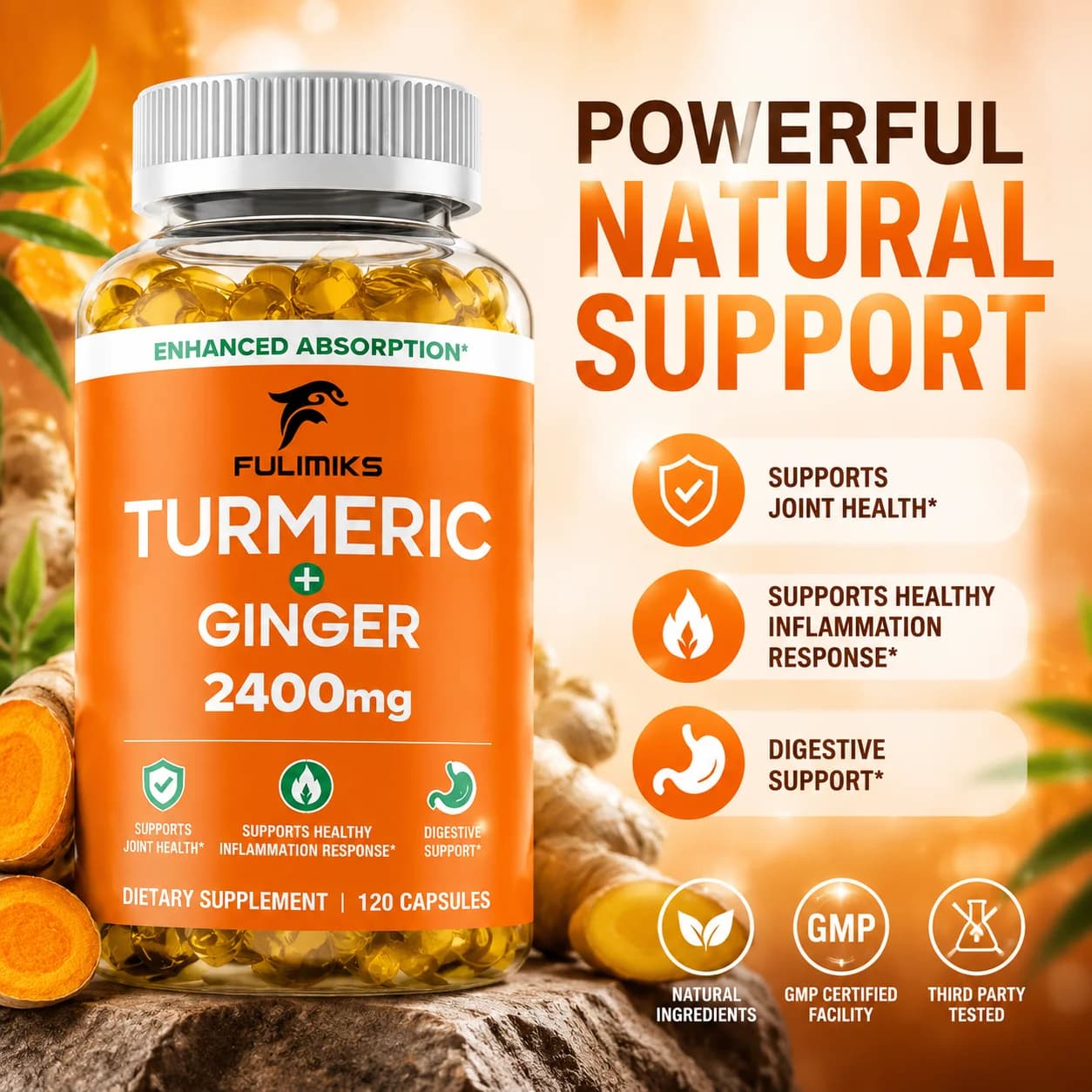 Turmeric Curcumin Supplement with Black Pepper & Ginger, 2400mg Turmeric, Support Joint Health, Inflammation, Immune & Energy
