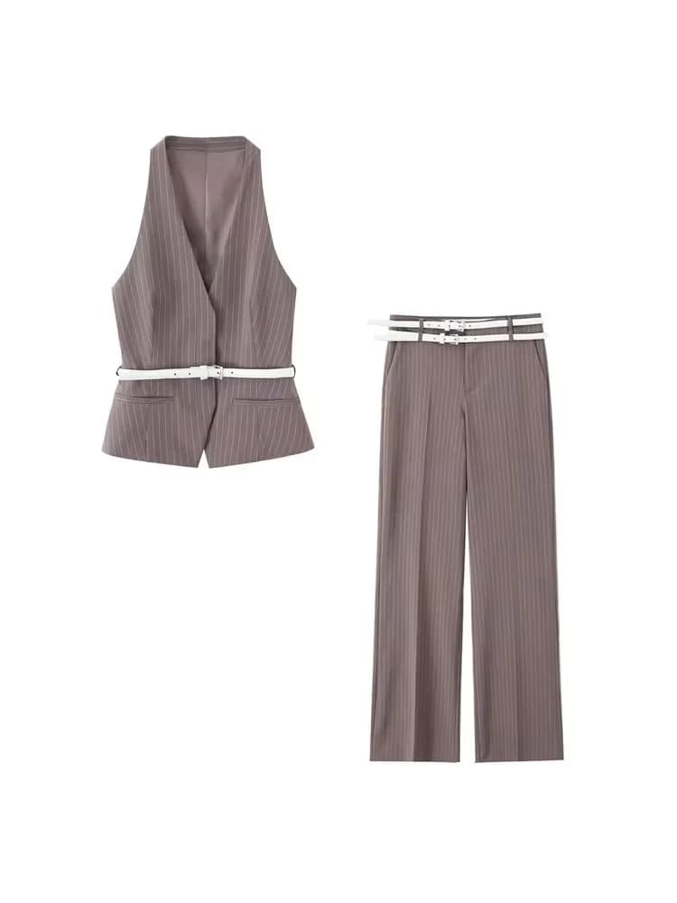 Set da due pezzi alla moda da donna con gilet a righe con cintura e pantaloni con tasche laterali a vita bassa Completo a righe femminile