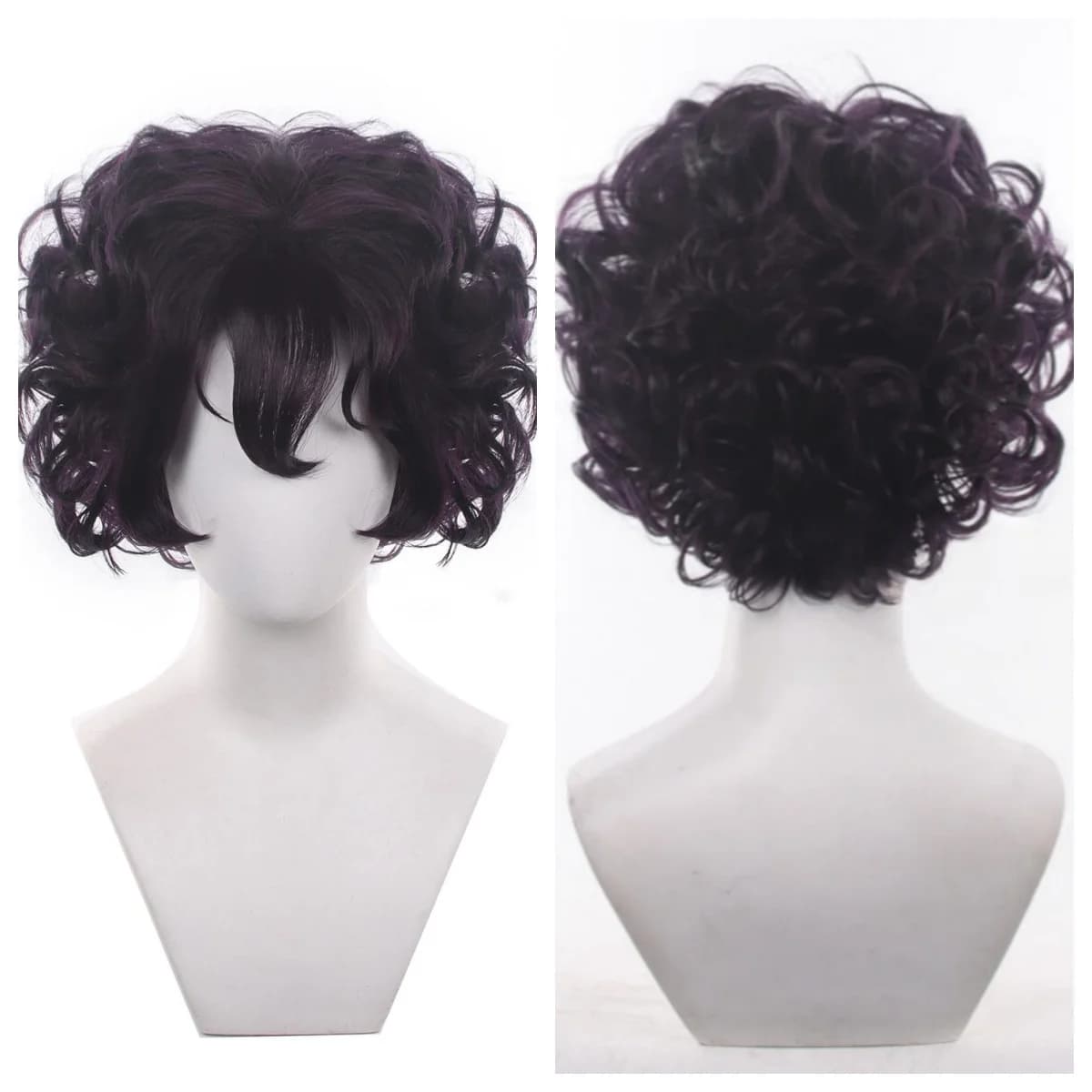 Parrucca Cosplay Anime Witch Hat Atelier Agott, Capelli Corti Ricci Viola Scuro per Halloween, Tongari Boushi no Atelier, con Cuffia Gratuita