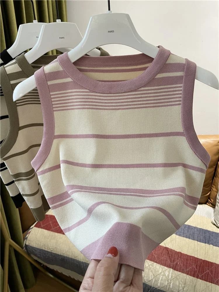 Canotte versatili da donna senza maniche girocollo Canotte versatili con blocco della moda Top corto stile coreano Gilet a righe lavorato a maglia Camis basic da donna
