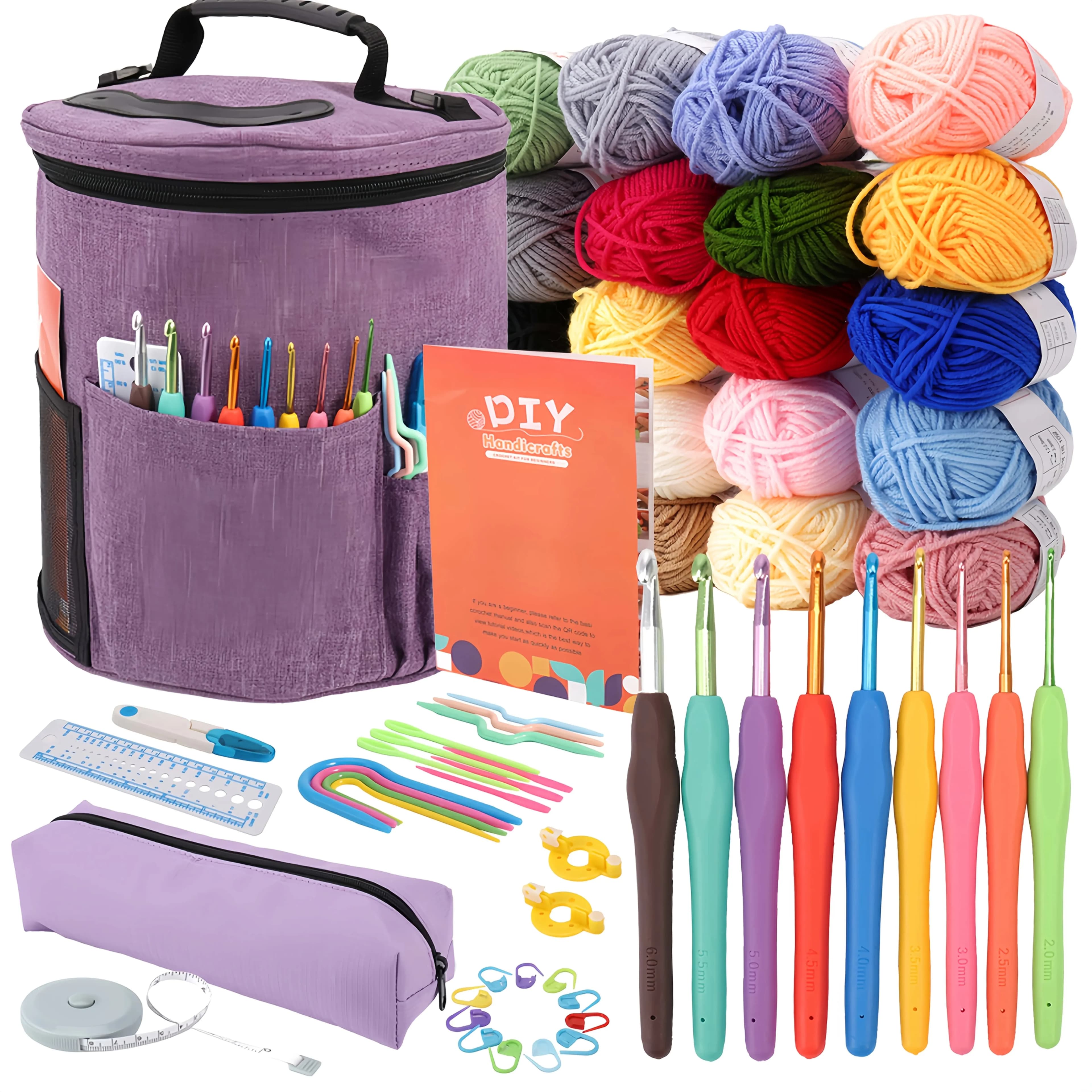 Kit Uncinetto per Principianti da 60 Pezzi con Filati in 20 Colori, Set di Uncinetti Ergonomici e Libro Guida, Strumenti per Lavoro a Maglia Fai-da-Te con Borsa Portatile