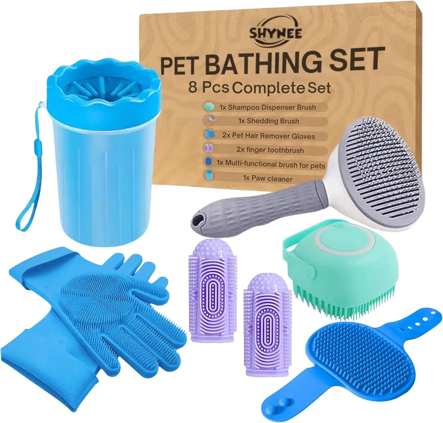 Kit per la toelettatura dei cani da 8 pezzi: spazzola per shampoo, guanti per il lavaggio, spazzola da bagno regolabile, detergente per zampe, spazzolini da denti e spazzola per la cura degli animali domestici