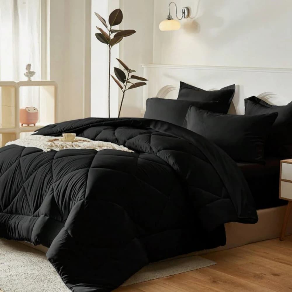 Twin Size Black 5 Pieces Embossed Comforter Set, Minimalist Style, 100% Microfiber Soft Breathable Fabric, Durable All-Season Bedding, Bed In A Bag, Ideal Decor & Gift