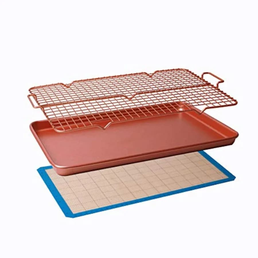 Set di 3 teglie da forno professionali Ultimate Commercial Weight 15 x 10 x 1 pollice, griglia per raffreddare e tappetino in silicone.