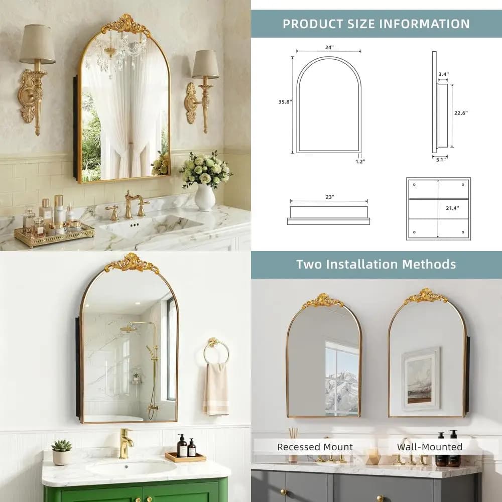 Armadietto da bagno in metallo con specchio ad arco, 24W x 36H, color oro