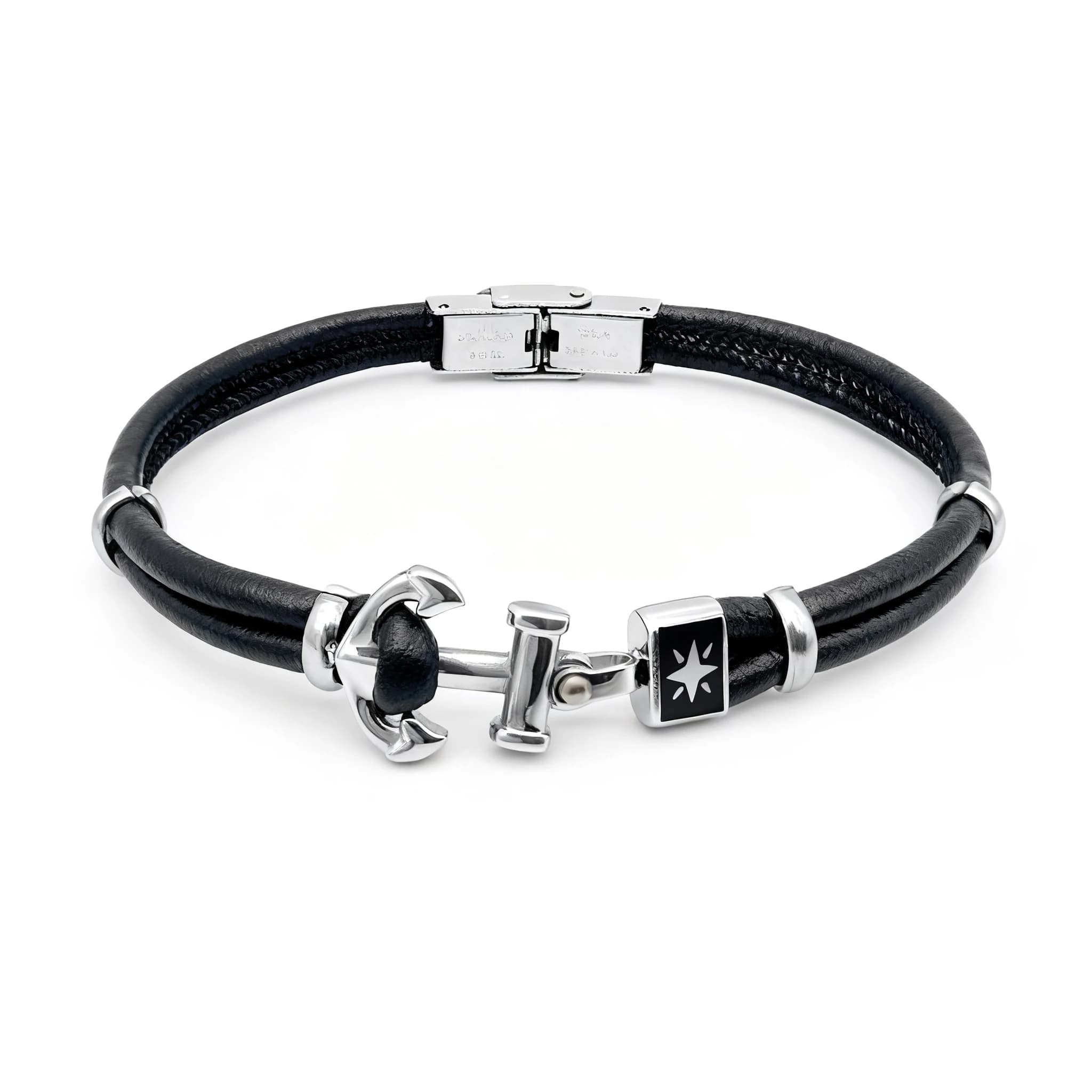Bracciale da uomo in pelle nera con ancoraggio in acciaio inossidabile, misura regolabile, accessorio per gioielli in stile nautico