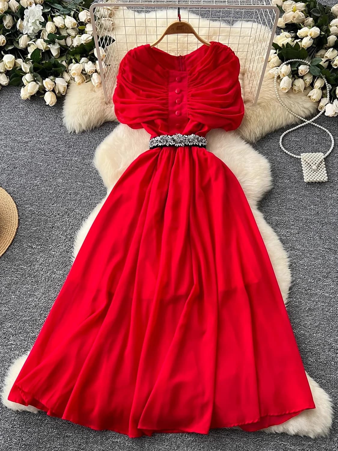 Spring Summer Women Red/Purple/Green Draped Chiffon Long Dress Vintage Round Neck High Waist A-Line Maxi Vestido Female Robe New