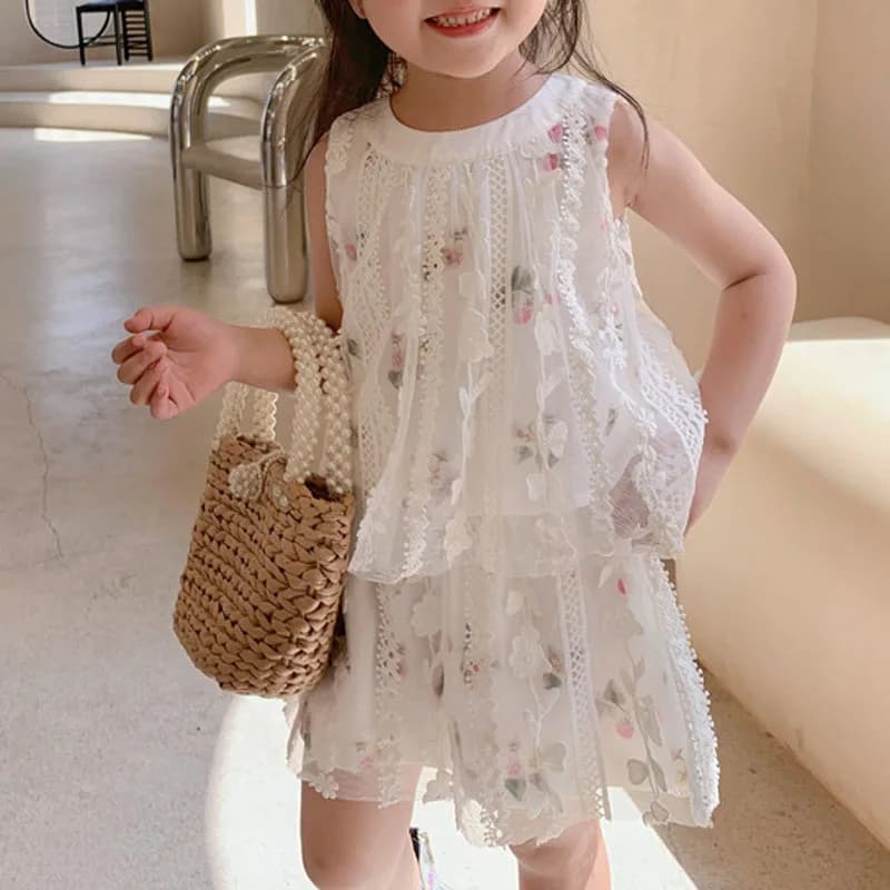Estate nuovi bambini set di abbigliamento per ragazze Top con ricamo in pizzo floreale + pantaloncini vestiti per bambini per bambini vestito per ragazze moda vestito per bambini