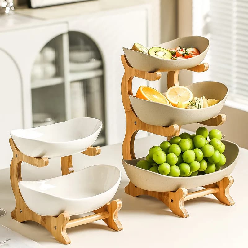 Creative Multi-layer Fruit Tray European Ceramic Dried Fruit Tray Bamboo Frame Household Snack Tray Candy Tray Fruit Basket
