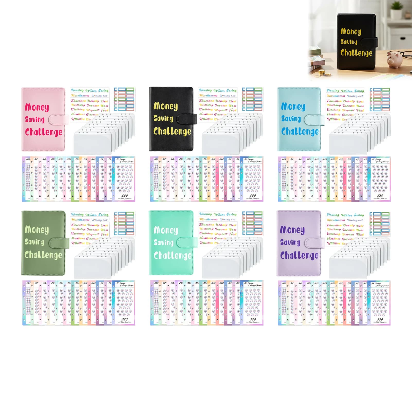 Quaderno ad anelli A6 color macaron con buste per budget e pagine rimovibili per l'uso quotidiano