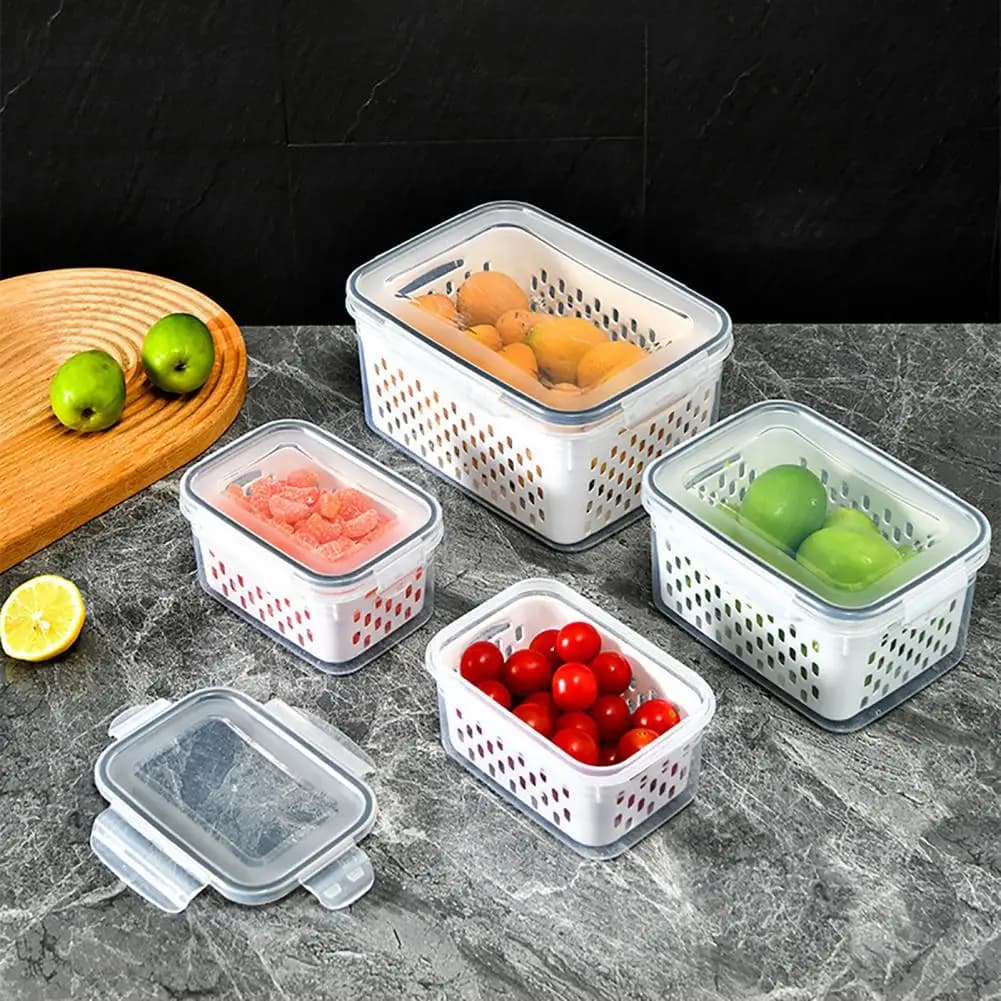 Set di 3 Contenitori Ermetici per Alimenti con Cestello di Drenaggio Rimovibile, Contenitori Impilabili per Preparazione Pasti, per Frutta e Verdura