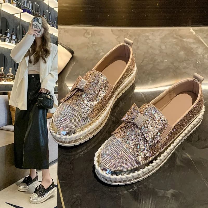 Mocassini slip-on con strass da donna Mocassini slip-on con fiocco in cristallo Piattaforma da donna Scarpe casual con fondo spesso e fondo piatto per il tempo libero