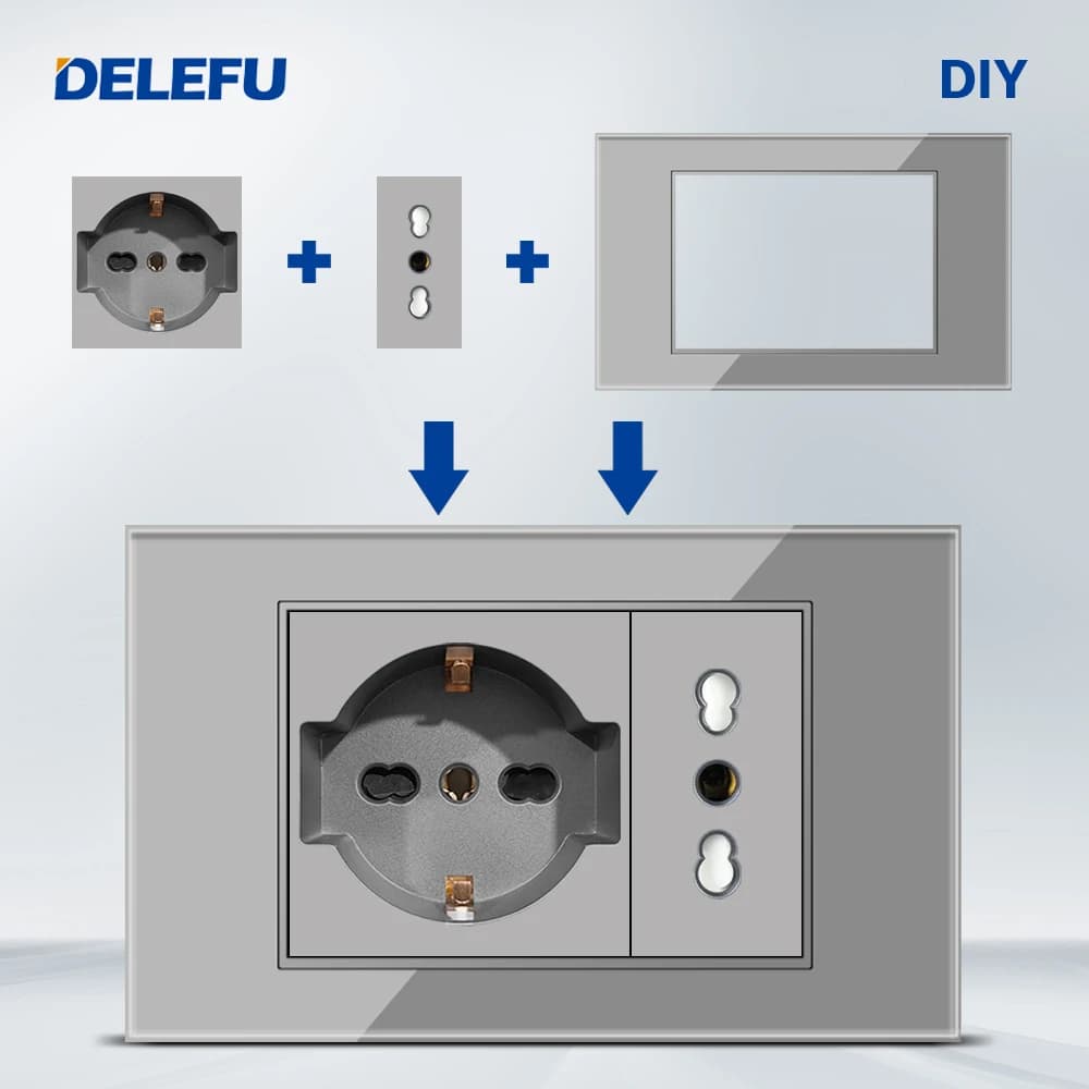 DELEFU Presa Italiana Lavagna FAI DA TE USB Tipo C Interruttore Campanello 45A 20A Tenda Telefono CAT5 TV HDMI SAT Smart Grigio