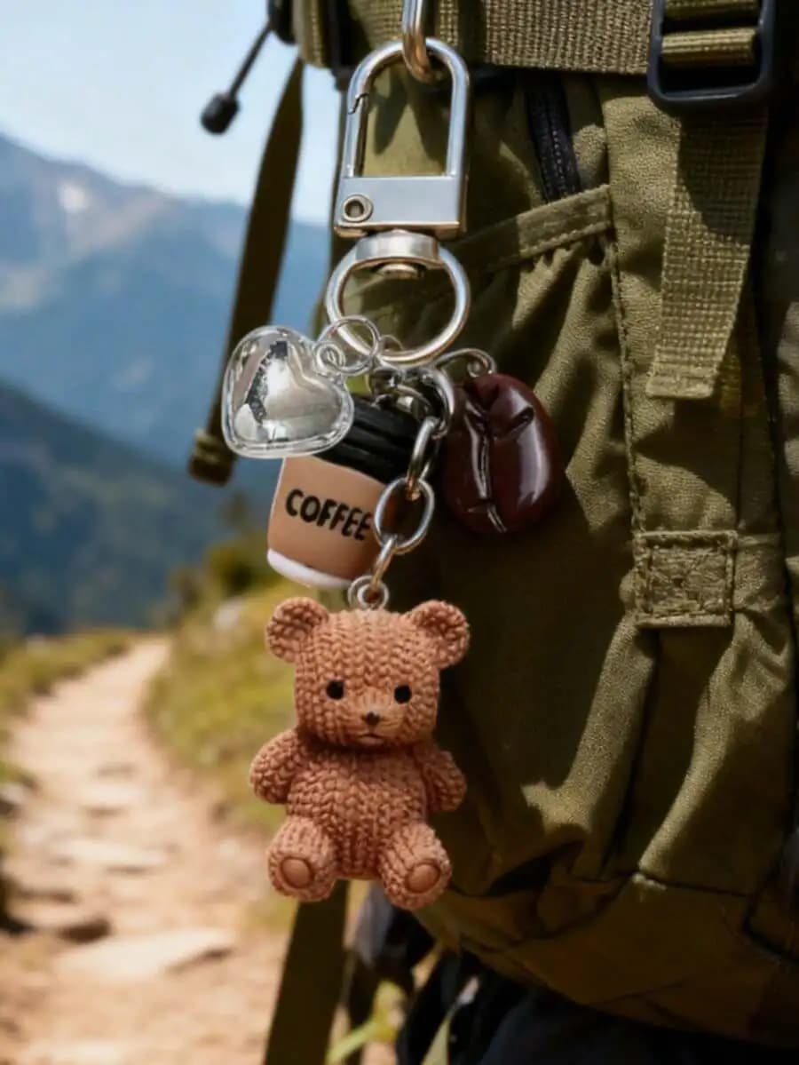 Coffee And Knitted Teddy Bear Keychain With Heart And Bean Charms Fashion Bag Pendant