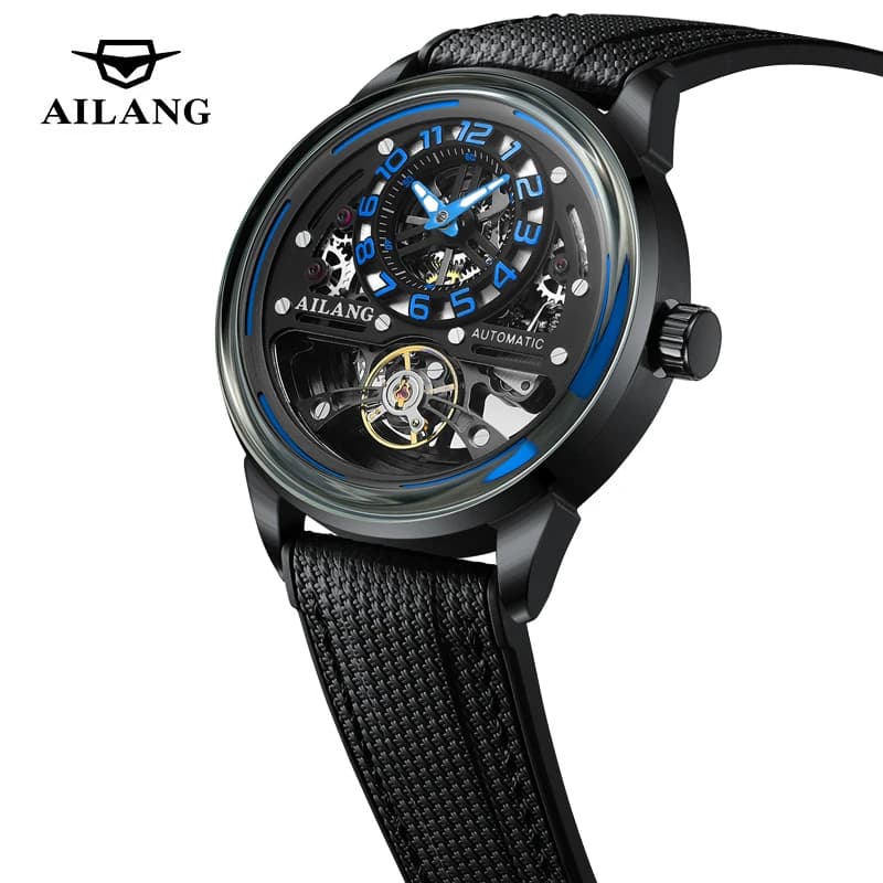 AILANG Orologio Tourbillon di lusso di marca Uomo Moda Orologi meccanici vuoti Sport da uomo Orologi automatici in silicone impermeabile da uomo