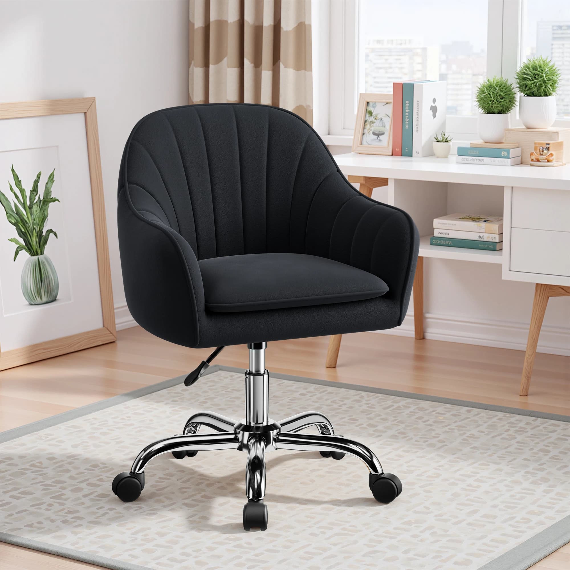 KERDOM Vanity Chair with Wheels and Back, Velvet Home Office Desk Chairs with 360°Swivel, Memory Foam Cushion and Padded Arms, Adjustable Hight & Armrest, Desk Chair with Tufted & Silver Metal Base, for Living Room, Bedroom, Office, Vanity Study, Black