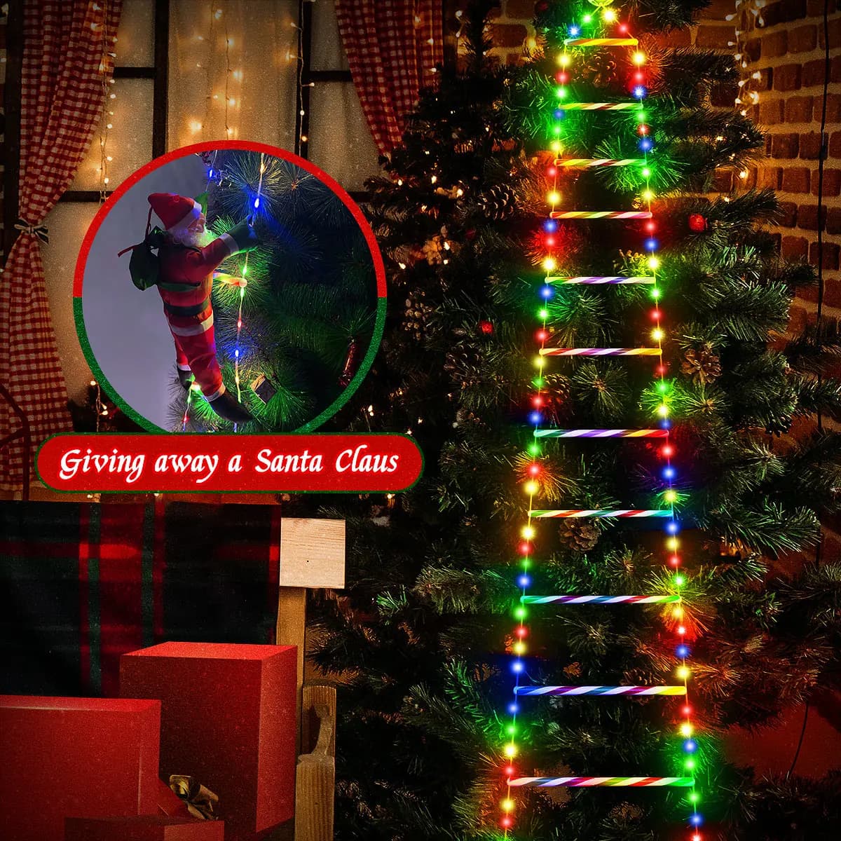 Scaletta da arrampicata per bambole di Babbo Natale Luci a LED per interni ed esterni, ricarica USB/solare con telecomando, decorazioni natalizie per finestre e giardini