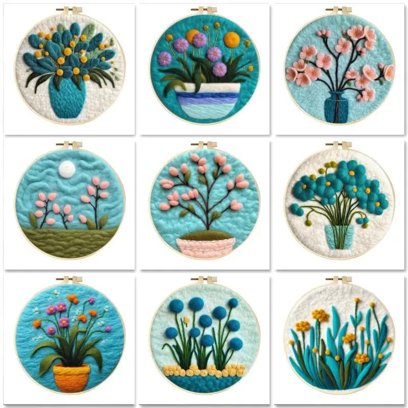 GATYZTORY DIY Kit for Lana Felt Painting with Embroidered Frame, Ago Felt Kit with Motive Flower Jar, Creative Kit for Lana Felt