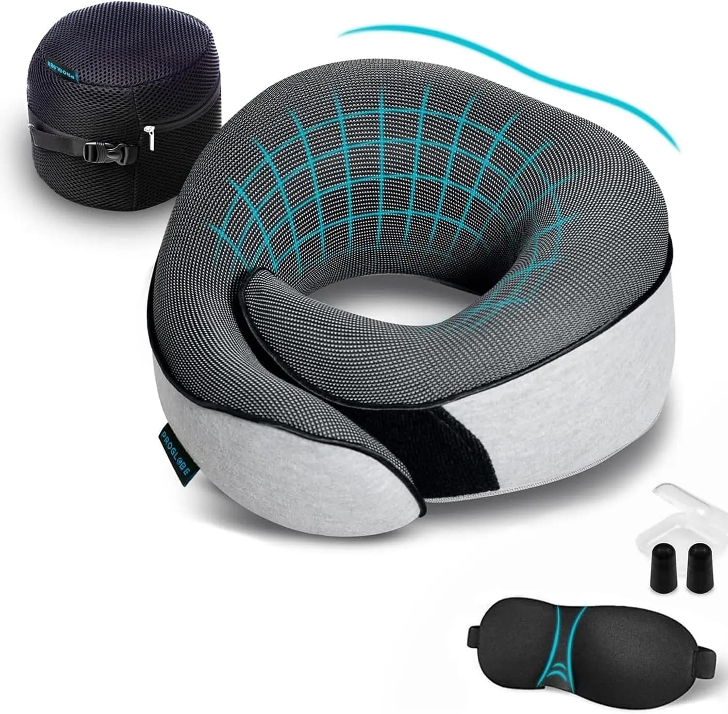 Cuscino da viaggio per aereo, 360 ° Supporto per la testa con maschera per gli occhi, tappi per le orecchie e borsa in rete - Grigio per adulti