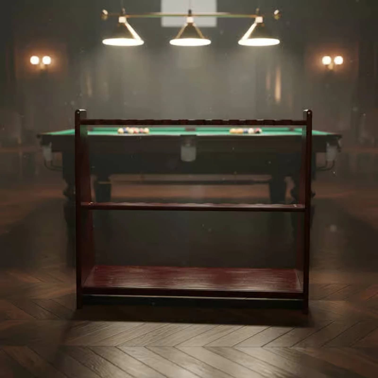 Floor-Standing Cue Rack Lower Shelf Wood Cue Rack Pool Stick Holder Trapezoid Profile Game Room Storage Stable Design