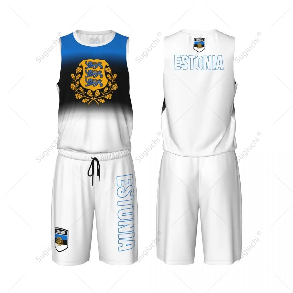 Set di maglie da basket con bandiera dell'Estonia per uomo, maglia e pantaloni in rete, senza maniche, esclusivo, personalizzabile con nome e numero, unisex