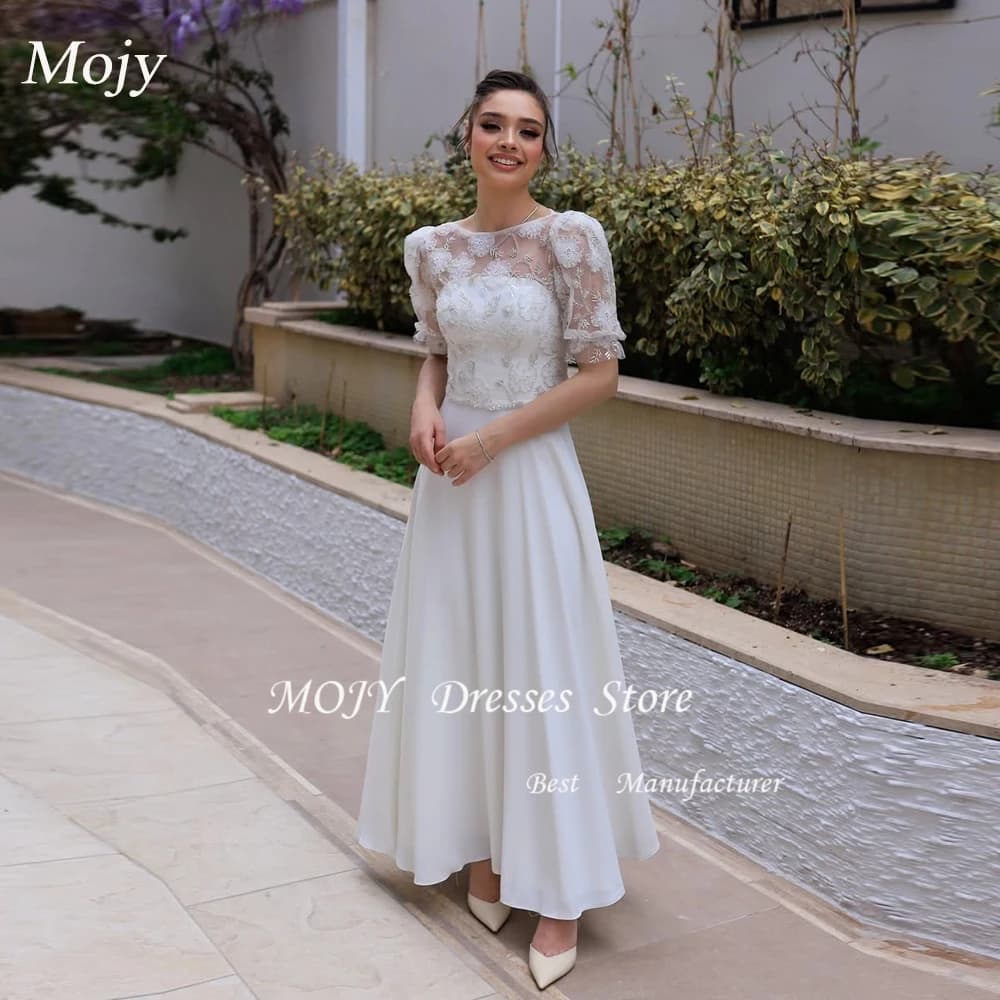 Mojy Abito da sposa classico Sposa maniche corte Scollo rotondo Perline Applique Tasca A Line Abito da sposa Robe Mariee Lunghezza caviglia