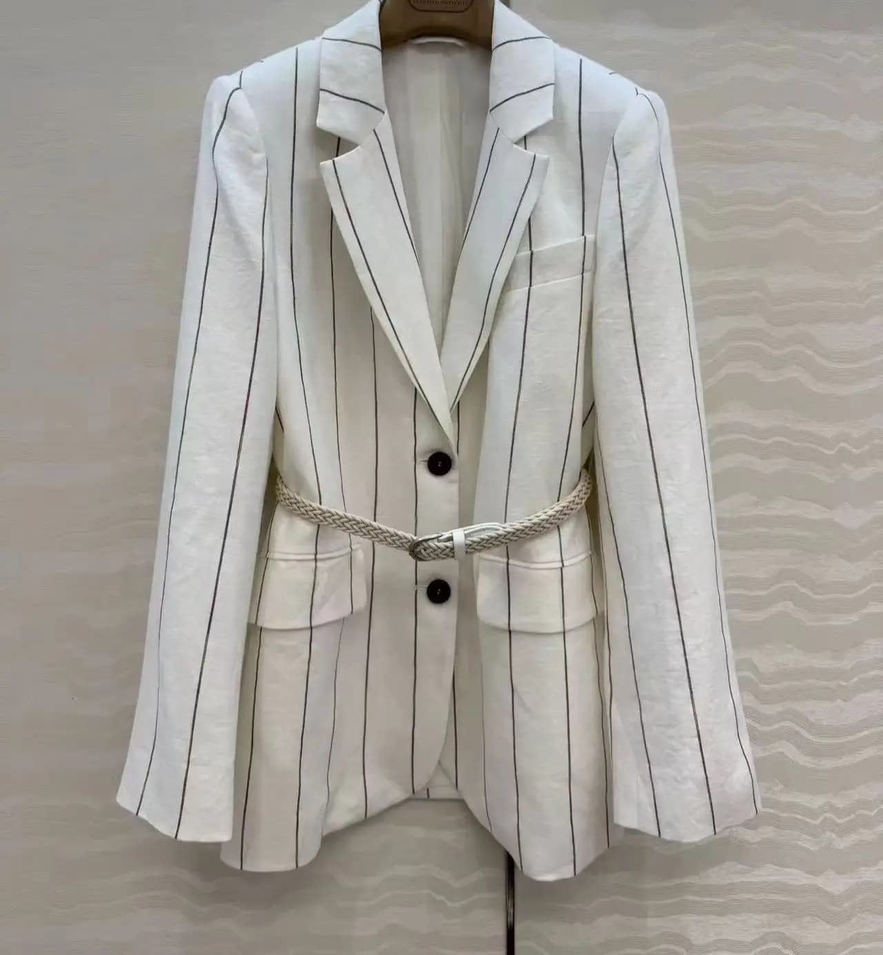 Vintage money pattern white background striped linen blazer for women, suitable for office wear, with a woven belt, luxury style